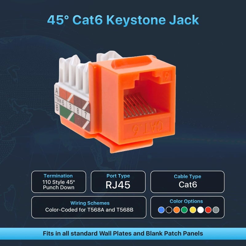 SATMAXIMUM 30 Pack Cat6 Keystone Ethernet Wall Jacks RJ45 Punch Down Slim Profile UTP Orange, 45 Degree for Patch Panel & Wall Plate, Supports Up to 10Gbps - Image 2